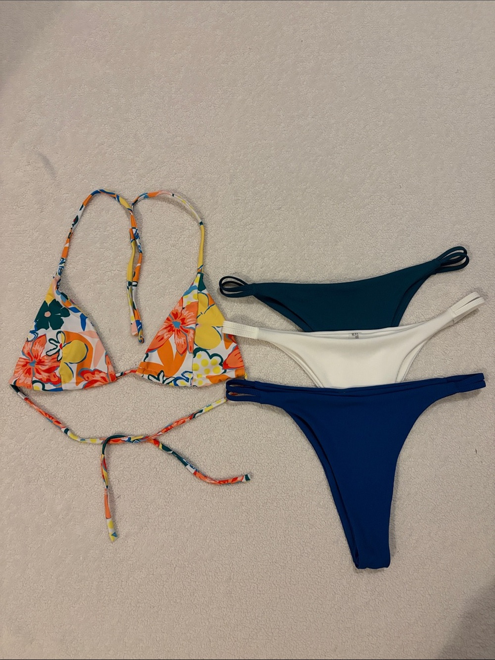 Bikini Top With Teal, Blue, and White Bottoms